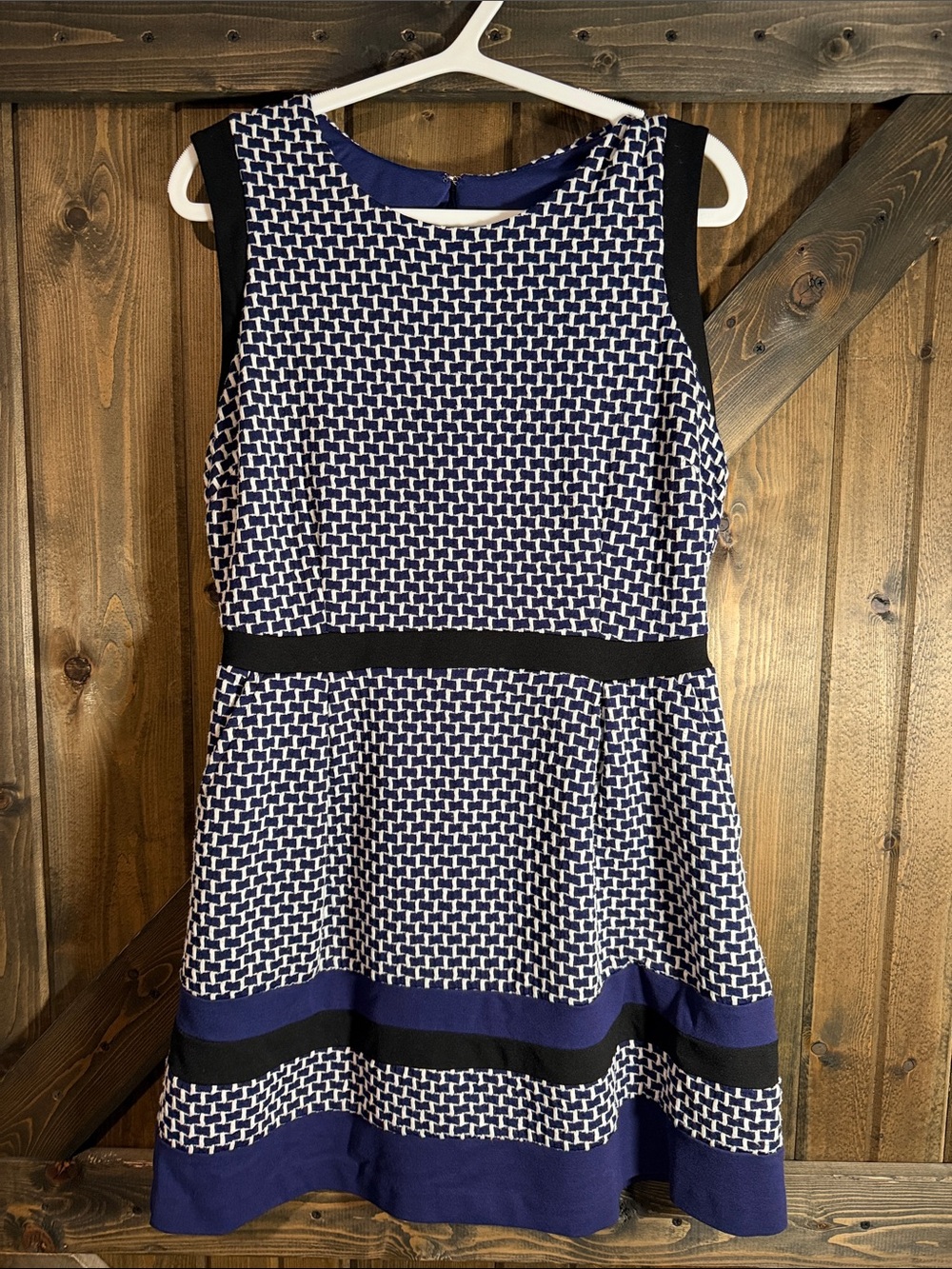 Dex Navy, White and Black Sleeveless Fit-and-Flare Midi Dress